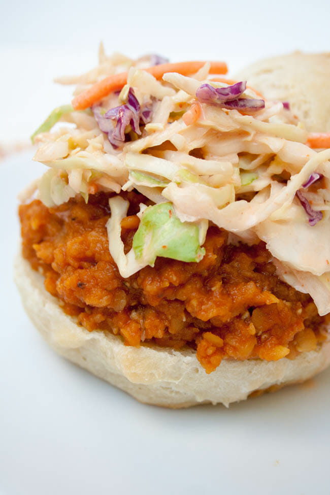 BBQ Lentil Sandwich with Sriracha Coleslaw open faced