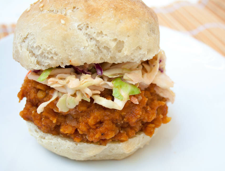 BBQ Lentil Sandwich with Sriracha Coleslaw close up.