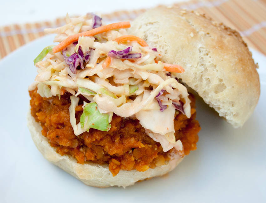 BBQ Lentil Sandwich with Sriracha Coleslaw open faced.