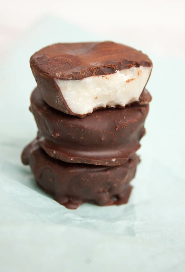 Keto Peppermint Patties stacked.