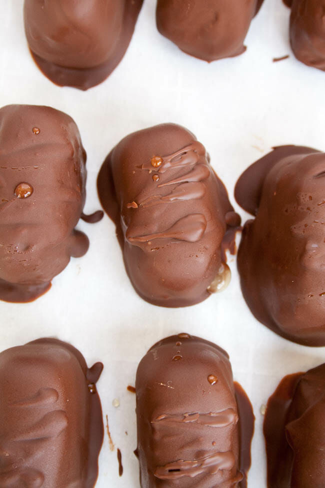 Double Chocolate Frozen Yogurt Bites on parchment paper.