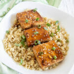 Ginger Hoisin Tofu on a bed of quinoa in a bowl.