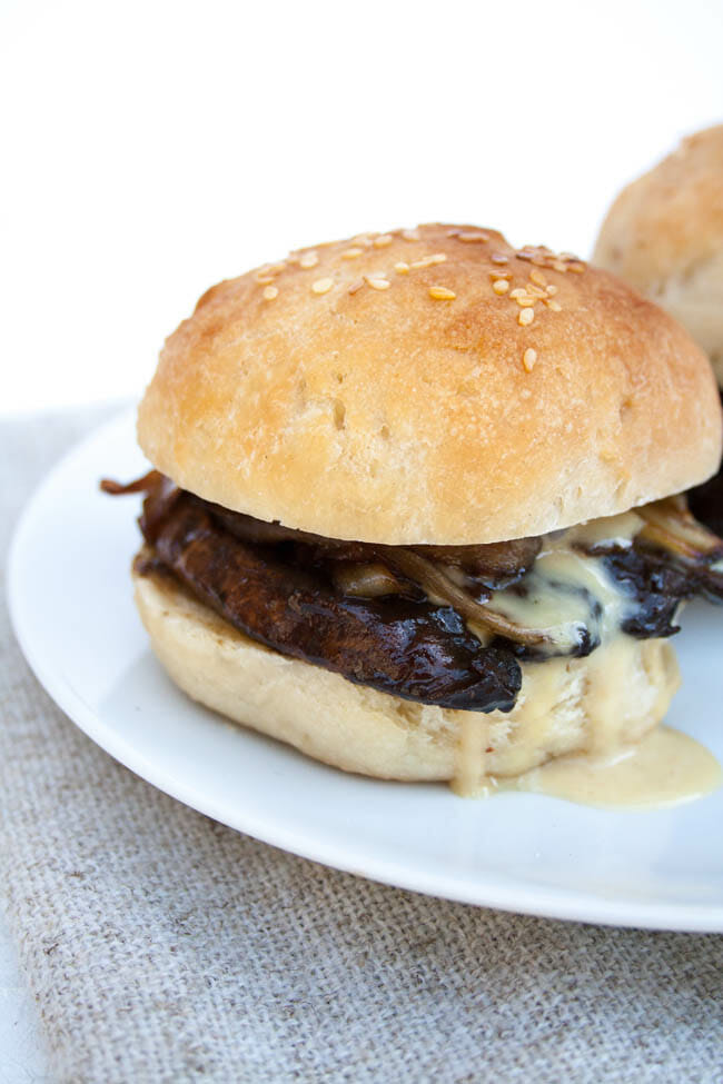 Portobello Mushroom and Caramelized Onion Sliders on a plate.