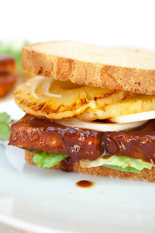 Vegan Tofu Sandwich with Baked BBQ Tofu close up