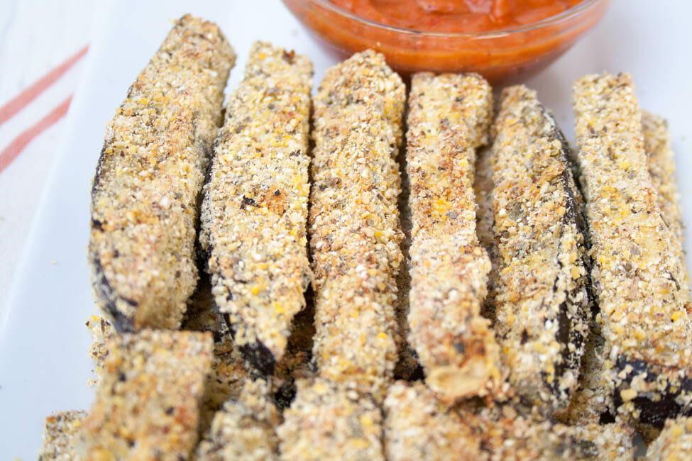 Baked Eggplant Fries close up.