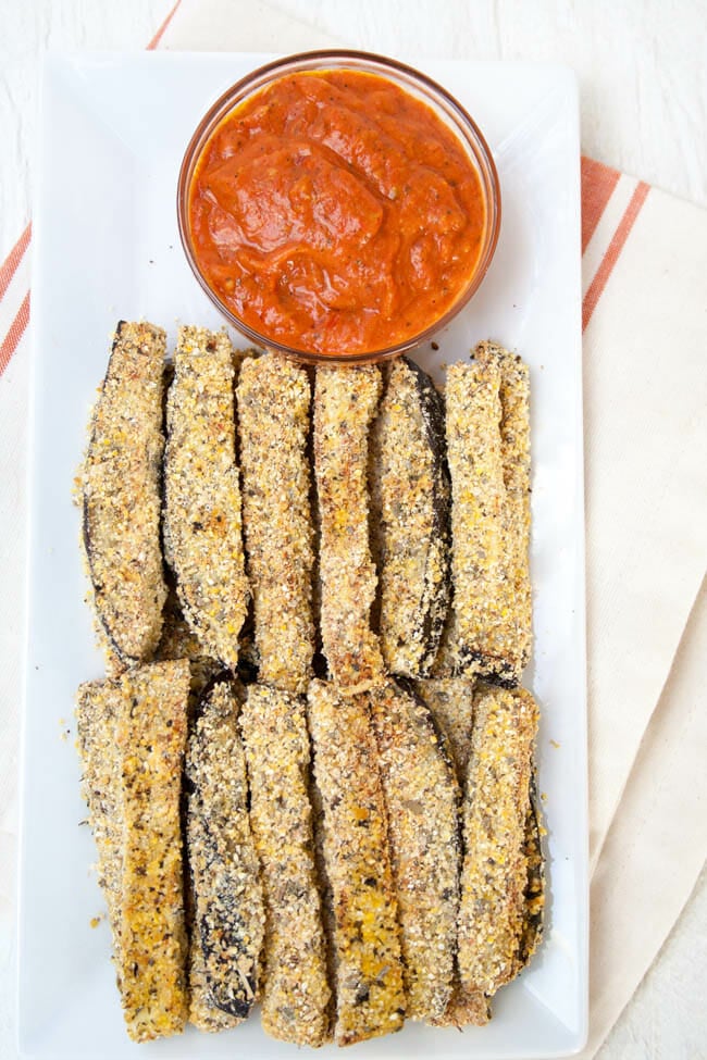 Baked Eggplant Fries birds eye view with Sun-Dried Tomato Sauce.