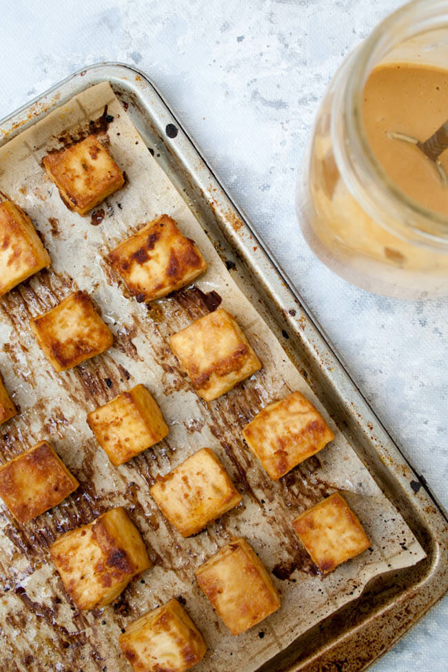 Crispy Baked Tofu with Peanut Sauce - Create Mindfully