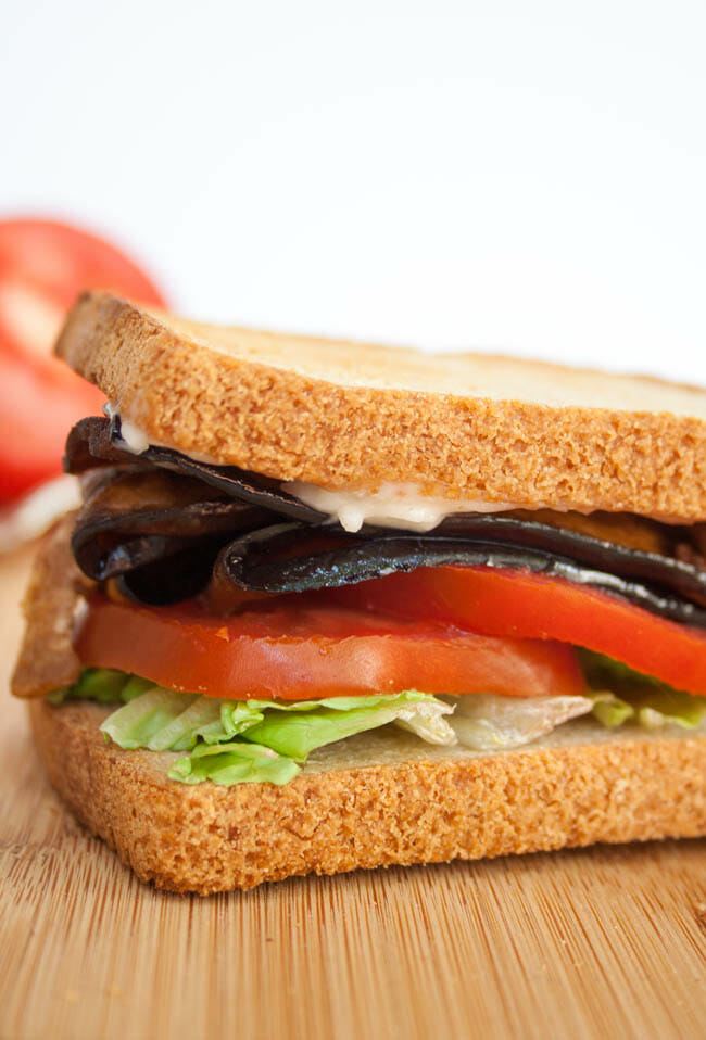 ELT (Eggplant Bacon, Lettuce, and Tomato) Sandwich close up