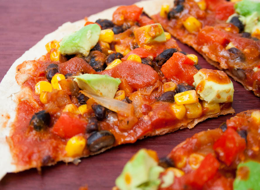 Vegan Enchilada Tortilla Pizza close up