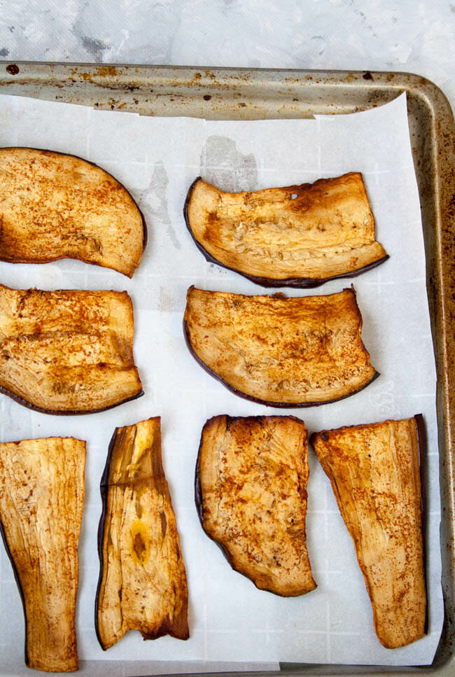 Eggplant Bacon on sheet pan after being baked.