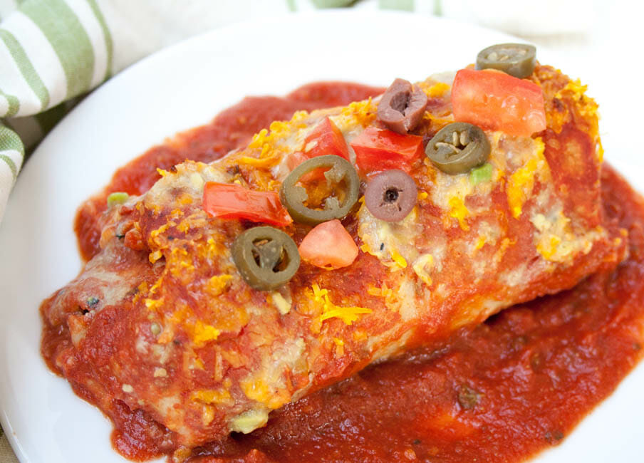 Smothered Vegan Burritos close up.