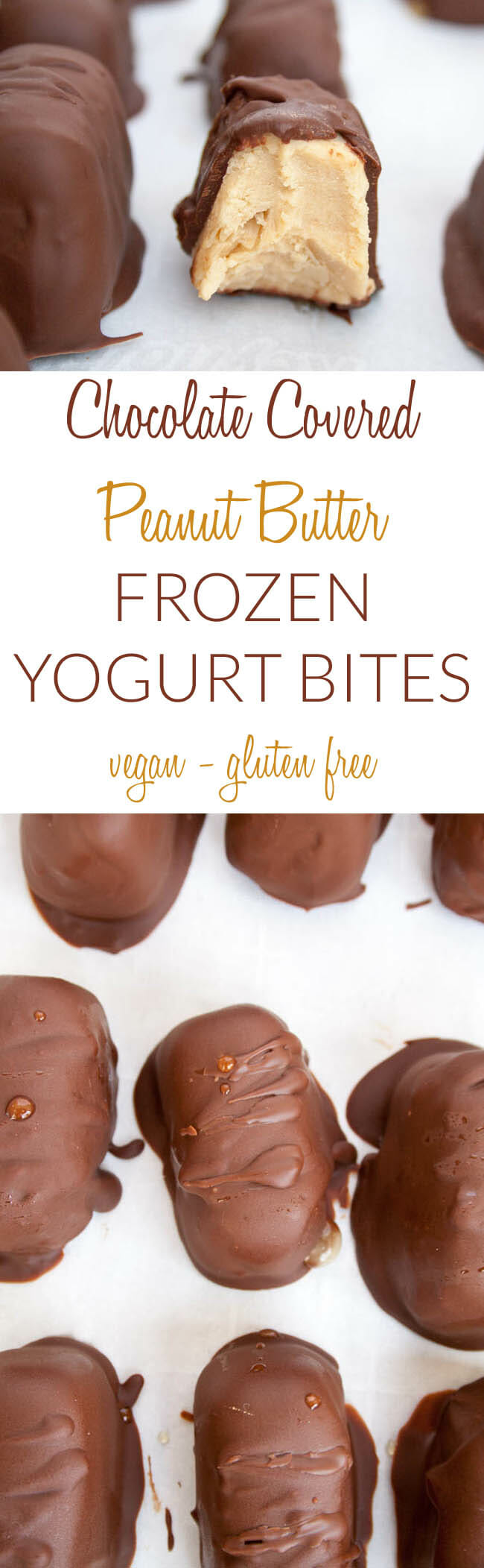 Chocolate Covered Peanut Butter Frozen Yogurt Bites collage photo with text.