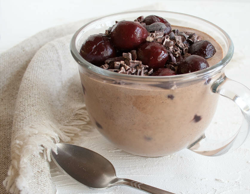 Chocolate Chia Pudding with Cherries close up
