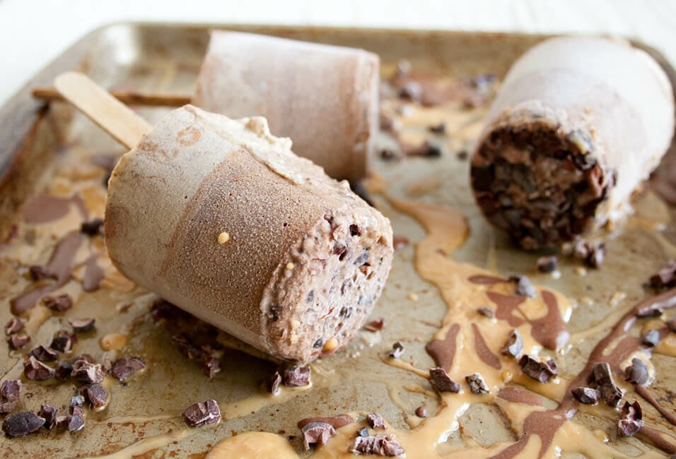 Chocolate Peanut Butter Chia Pudding Popsicles close up.
