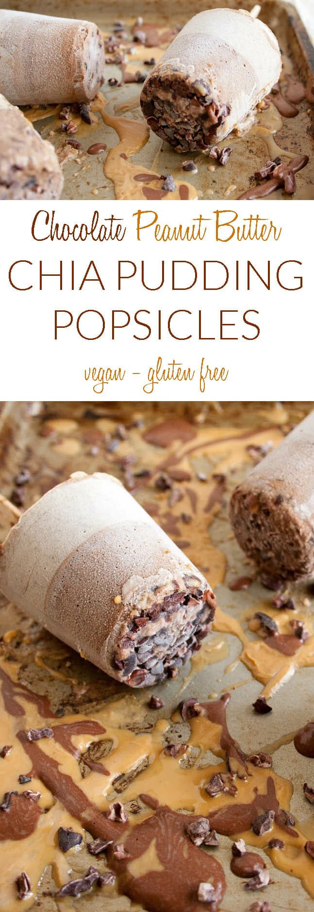 Chocolate Peanut Butter Chia Pudding Popsicles collage photo with text.