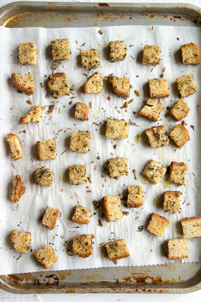 Gluten Free Croutons on sheet pan bird's eye view.