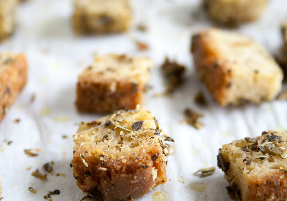 Gluten Free Croutons on a sheet pan close up.