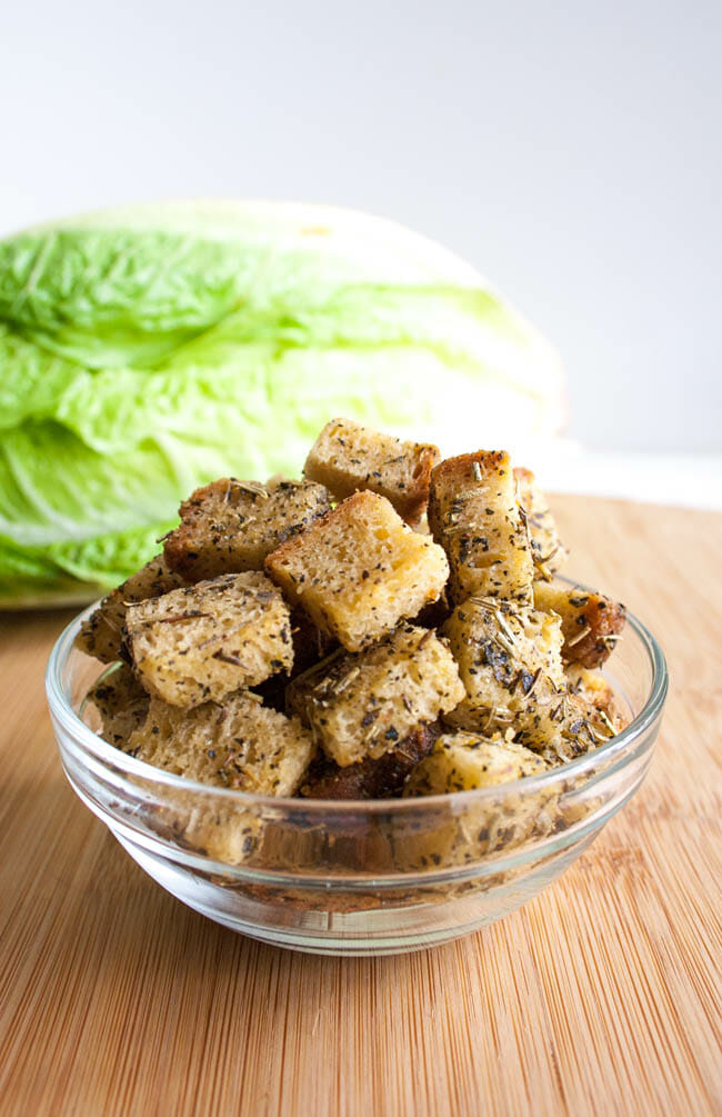 Vegan Croutons with lettuce in background.