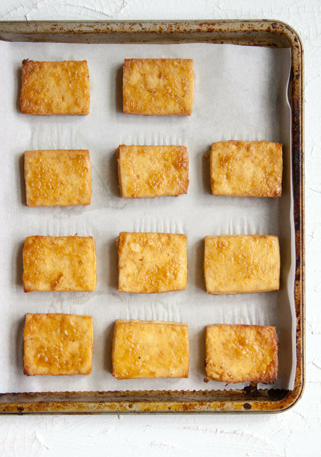 Maple Tofu with Dijon Mustard on baking sheet.