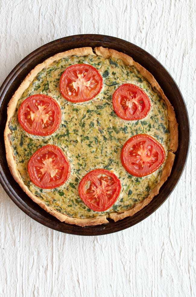 Vegan Spinach Broccoli Quiche in pan.