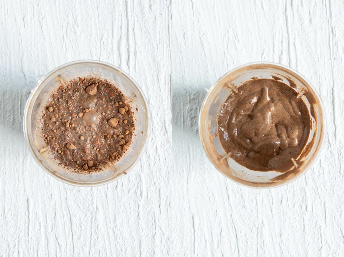 Chocolate cherry chia pudding before and after mixing.