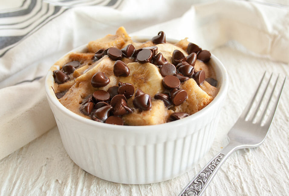 Chocolate Banana Peanut Butter Microwave Bread Pudding close up.