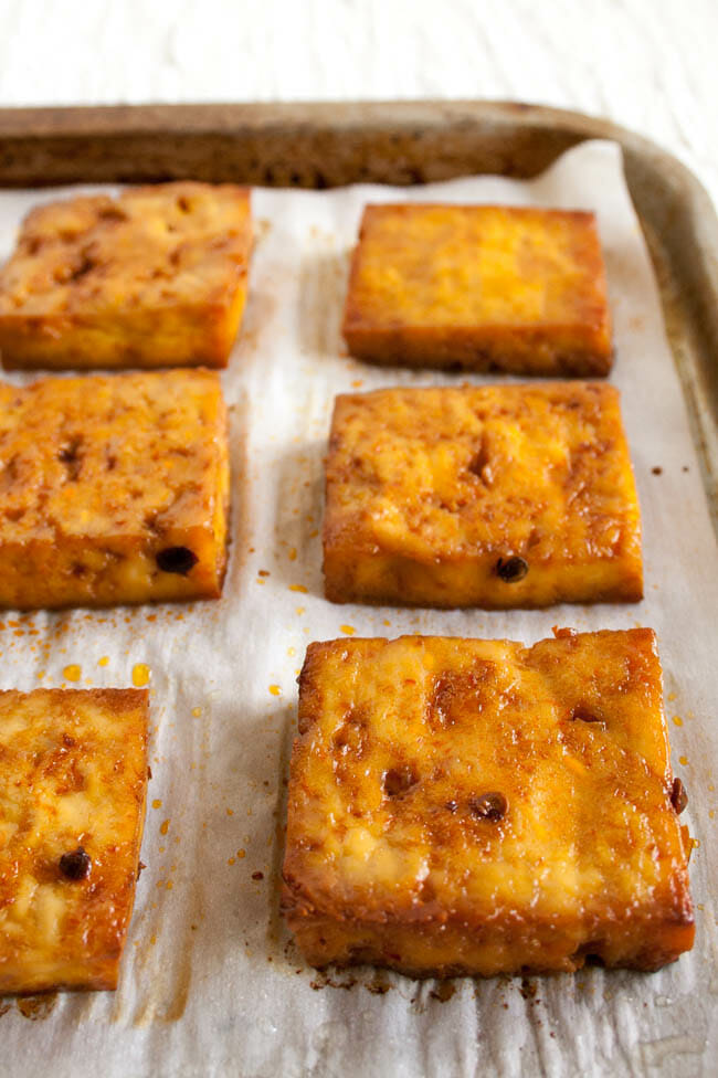 Maple Chipotle Baked Tofu on a sheet pan.