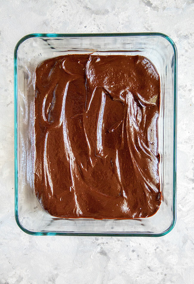 Chocolate truffles mixture in a baking dish.