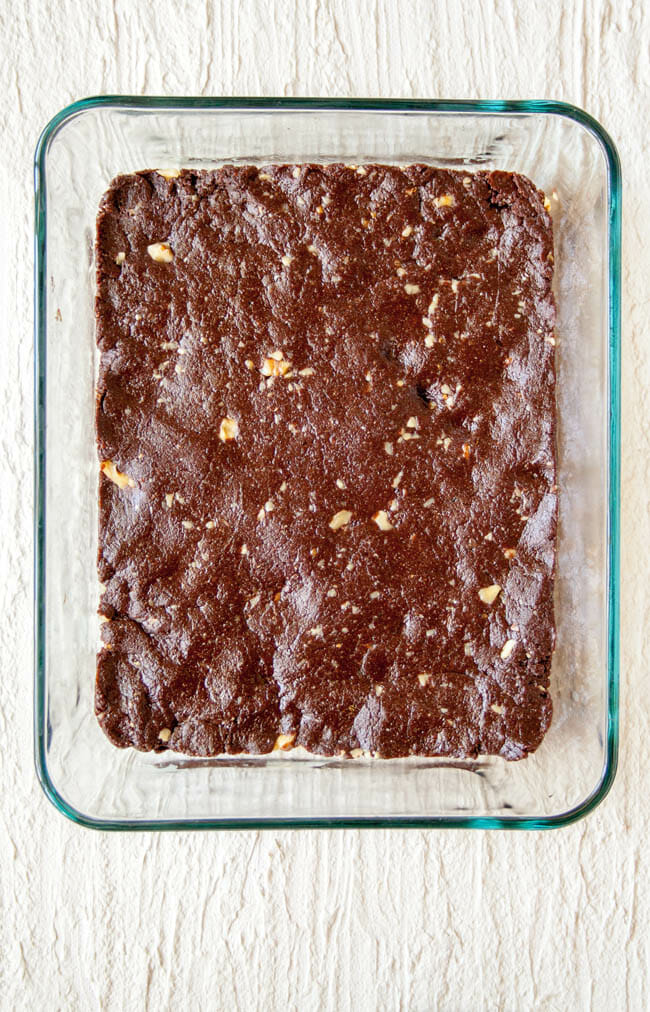 Brownie mixture in a baking dish.