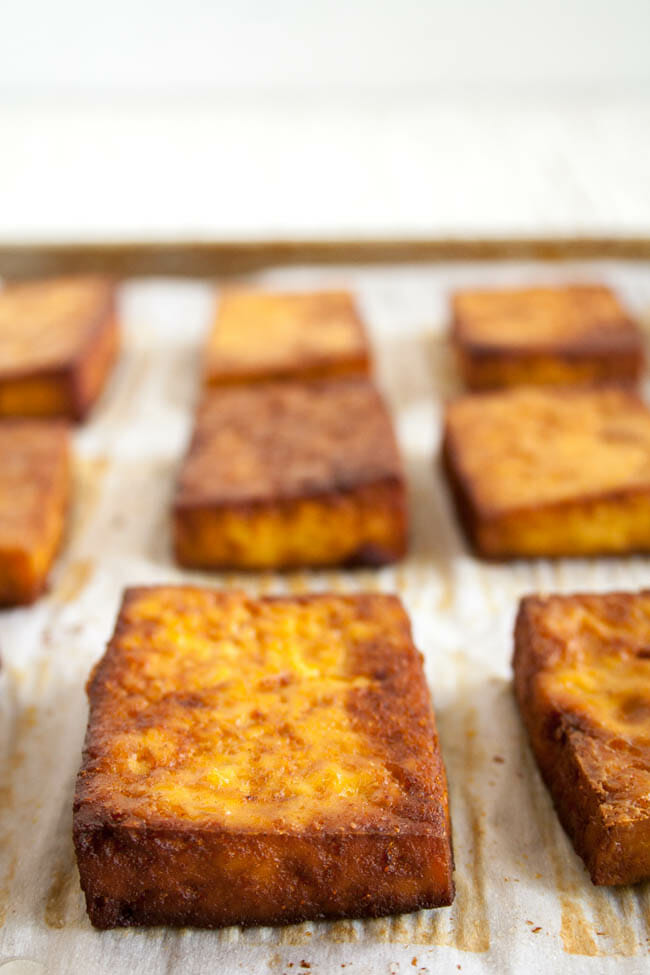 Savory Baked Tofu on a sheet pan.