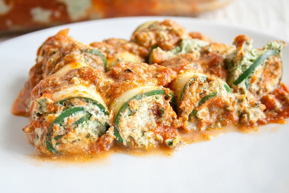 Zucchini Lasagna Roll-Ups on plate.