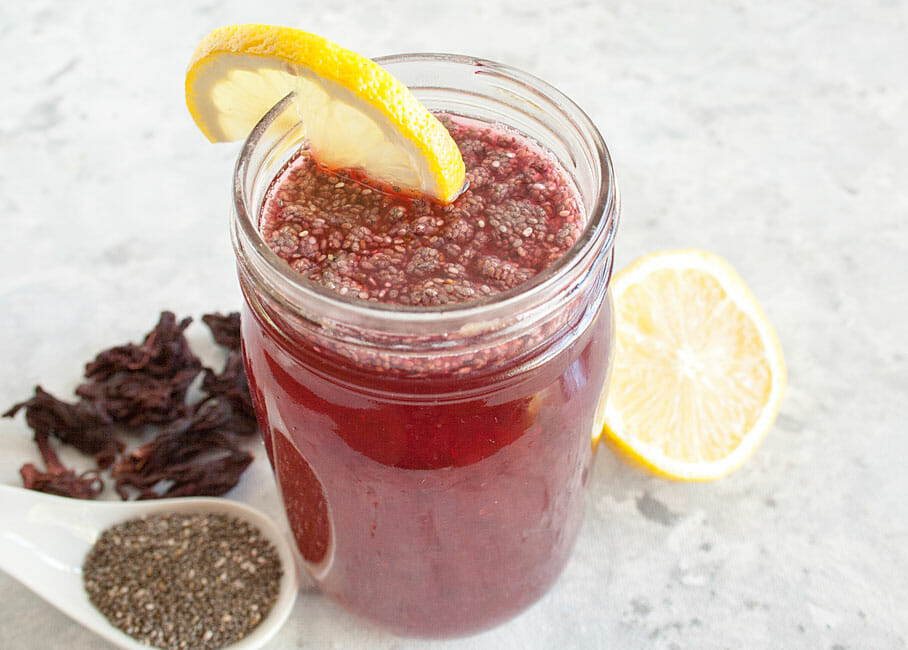 Hibiscus Lemonade with chia seeds close up. 