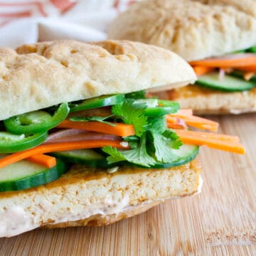 Tofu Bánh Mì on a cutting board.