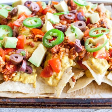 Tofu Nachos on a sheet pan.