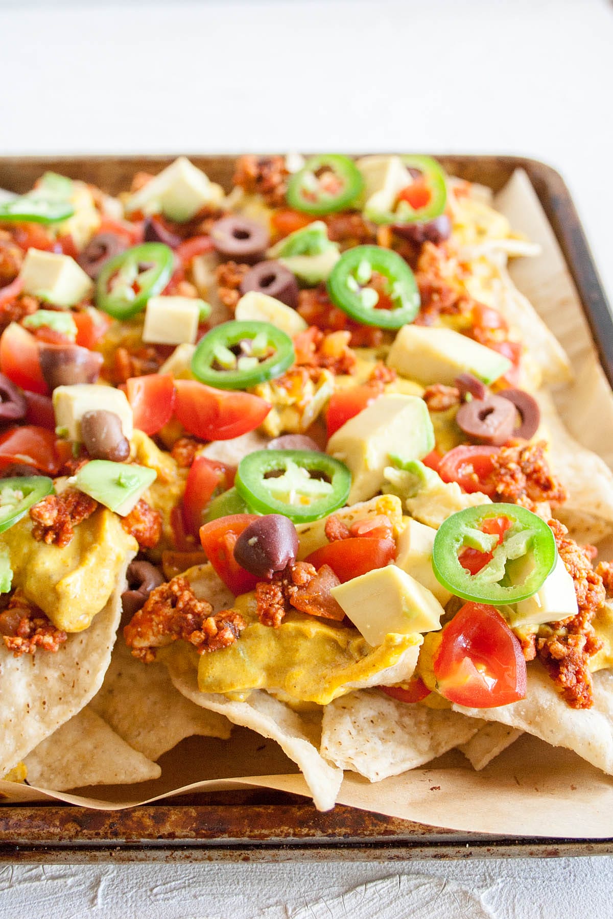 Tofu Nachos on a sheet pan.
