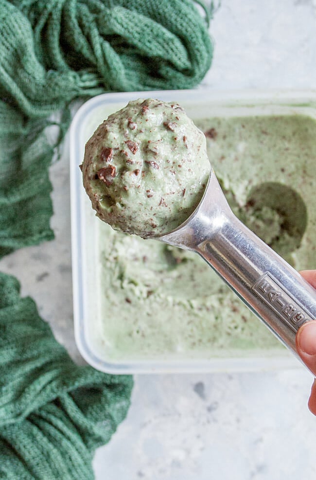 Dairy Free Mint Chocolate Chip Ice Cream in scoop.