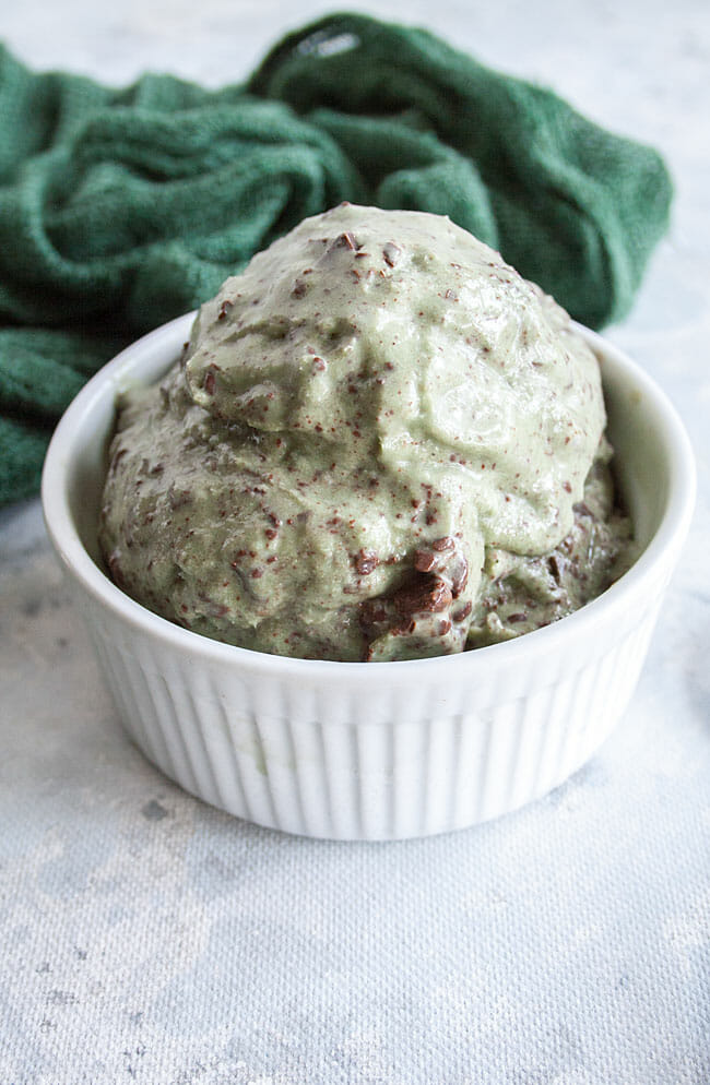 Vegan Mint Chocolate Chip Ice Cream in a bowl.