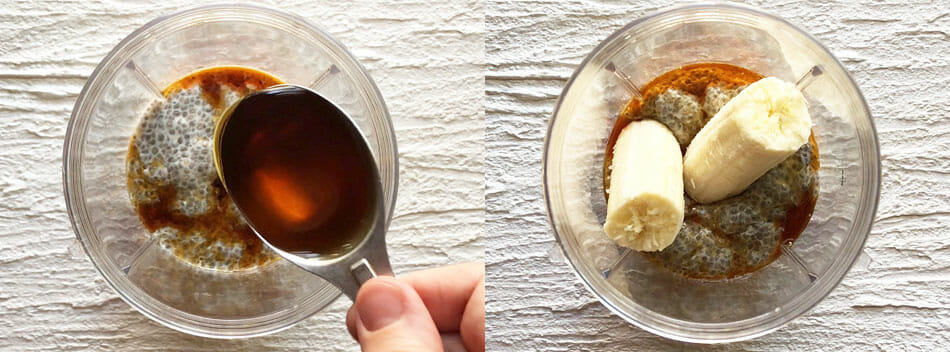 Chia pudding being made: left photo shows maple syrup being added. Right side shows banana being added.