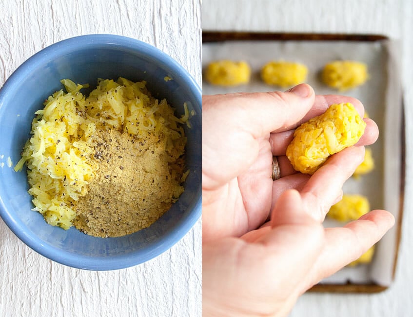  Tater Tot Ingredients in a bowl on the left. Tater Tot being formed on the right.