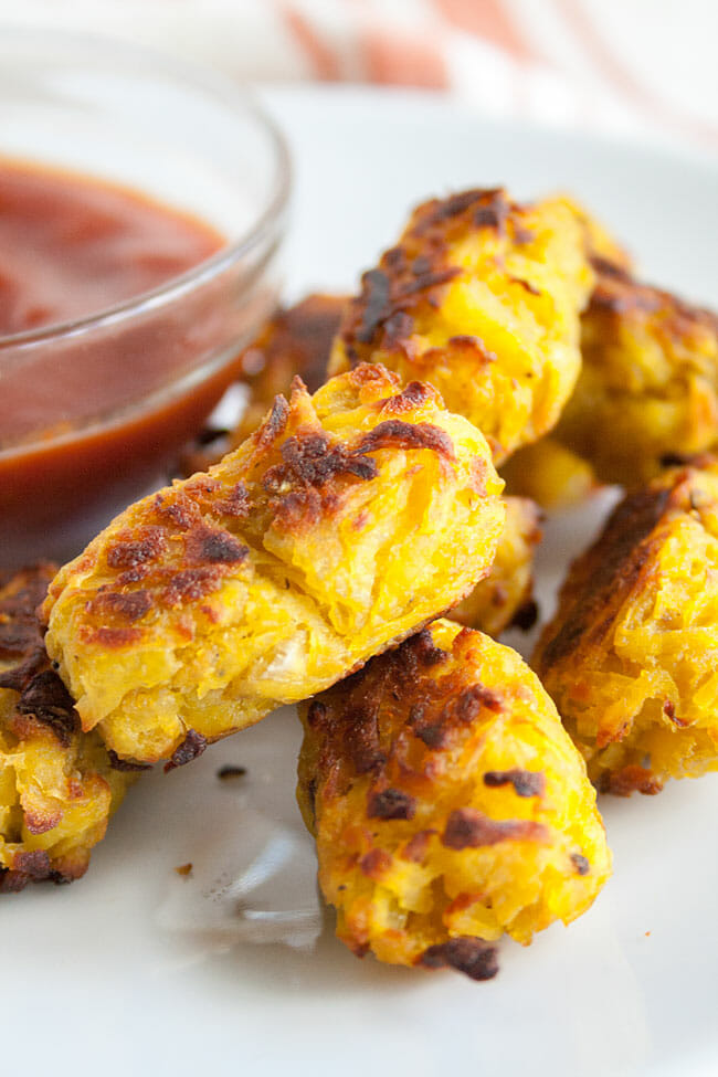 Homemade Tater Tots close up with ketchup.