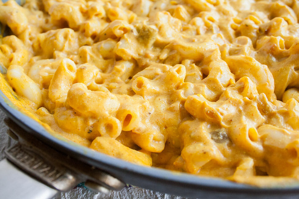 Vegan Macaroni and Cheese with Nacho Cheese Sauce close up in pan.