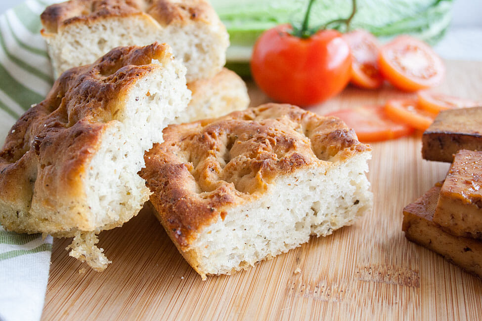 Roasted Garlic Focaccia on cutting board.