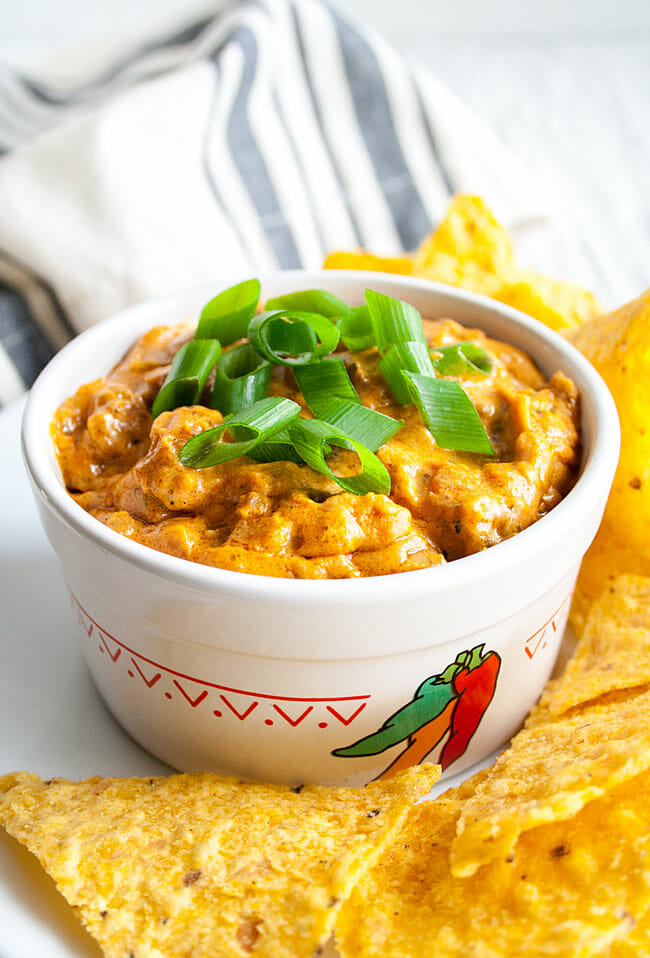 Vegan Chili Cheese Dip with tortilla chips.