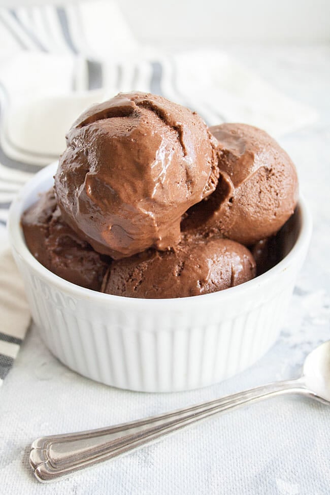Vegan Chocolate Ice Cream in ramekin with spoon.