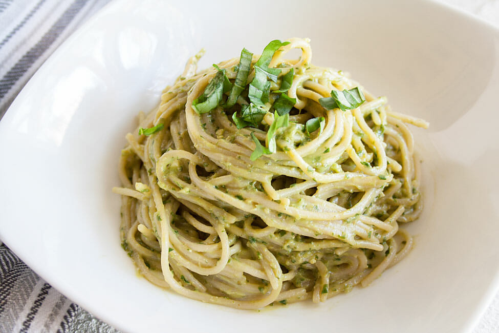 Creamy Avocado Pesto Pasta in a bowl.