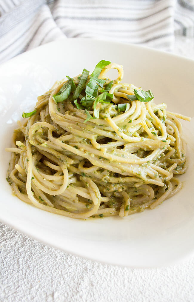 Avocado Basil Pesto on gluten-free pasta.