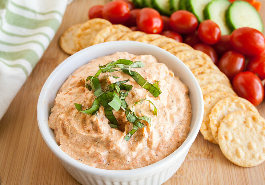 Cheesy Roasted Red Pepper Dip close up.