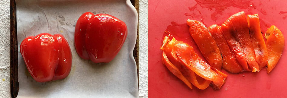 Roasted red pepper on sheet pan and sliced on cutting board.