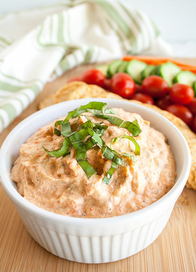 Cheesy Vegan Roasted Red Pepper Dip close up.