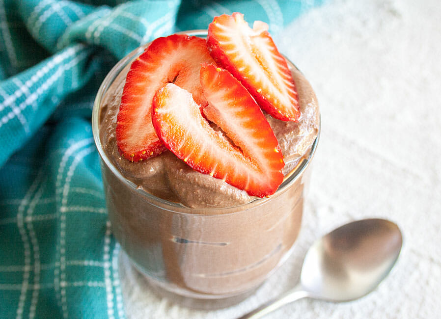 Chocolate Tofu Pudding with spoon.